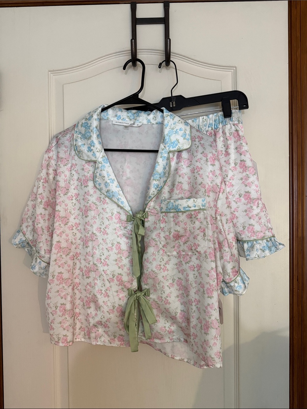Altar'd State Pink Floral & Blue Trim Two-Piece Pajama Set